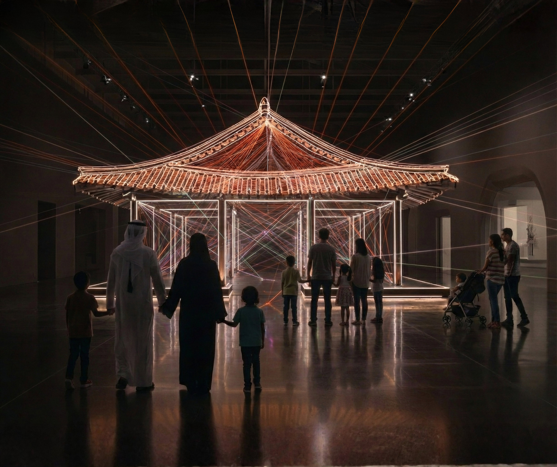 Cultural experience installation with Korean pavilion and visitors in Dubai